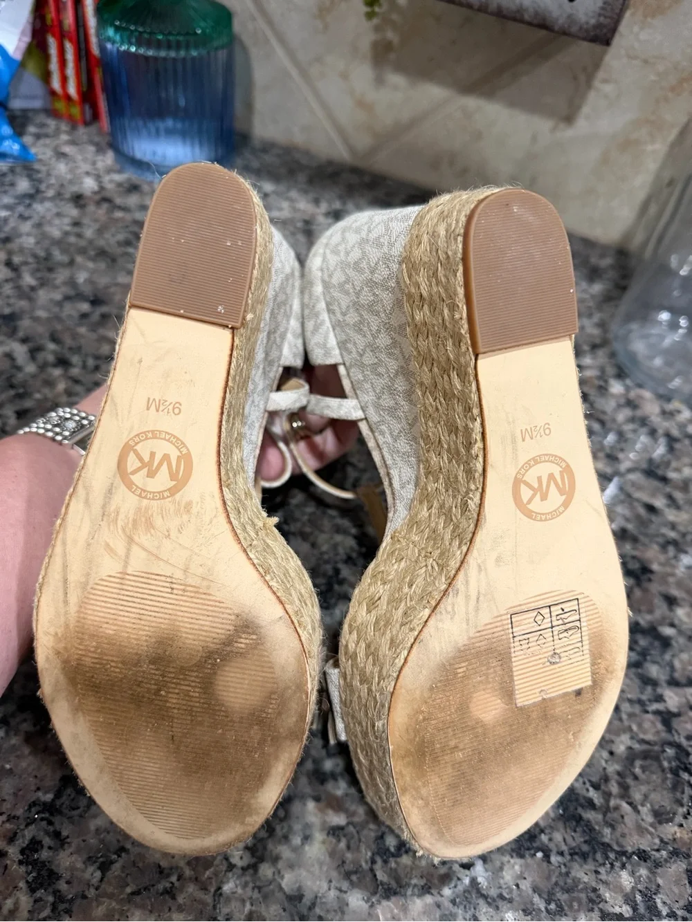 Michael Kors Beige Logo T-Strap Wedge heels - Size 9.5